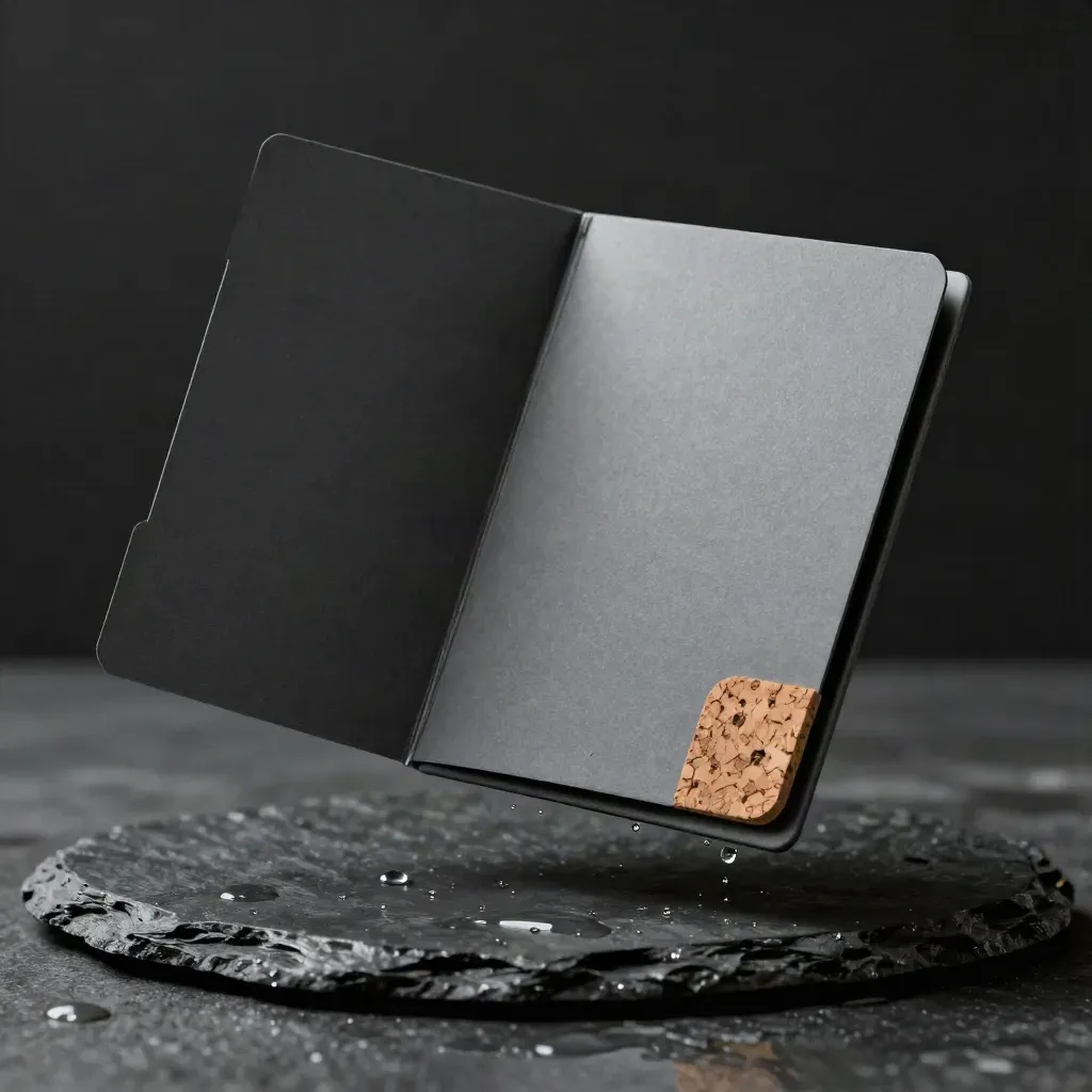 Charcoal folder with blank sheet and cork sample hovering above wet slate in a dark studio.