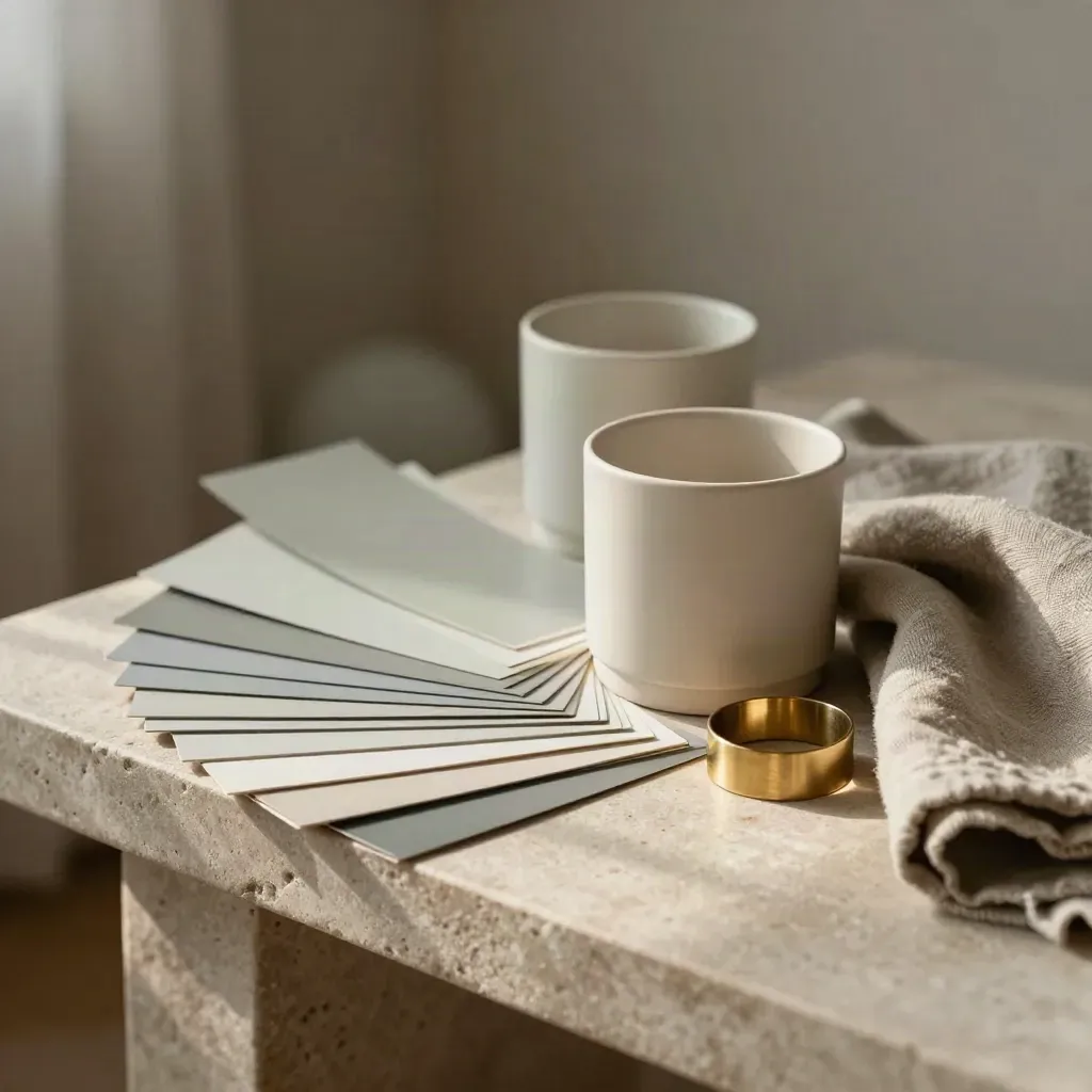 Colour palette kit with paint swatches, sample pots, linen wrap and brass ring on a stone bench