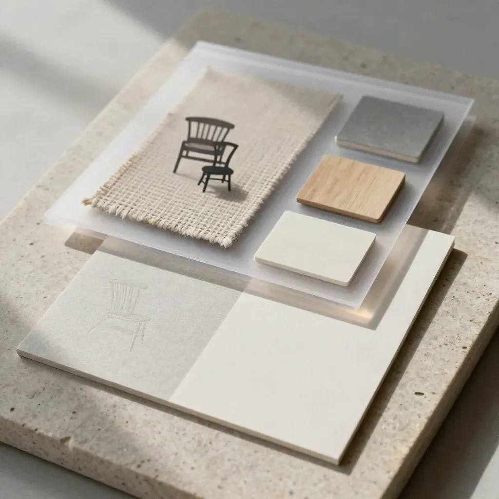 Overhead flatlay of a 3D mood board pack with swatches, tile chip, and layered sleeves