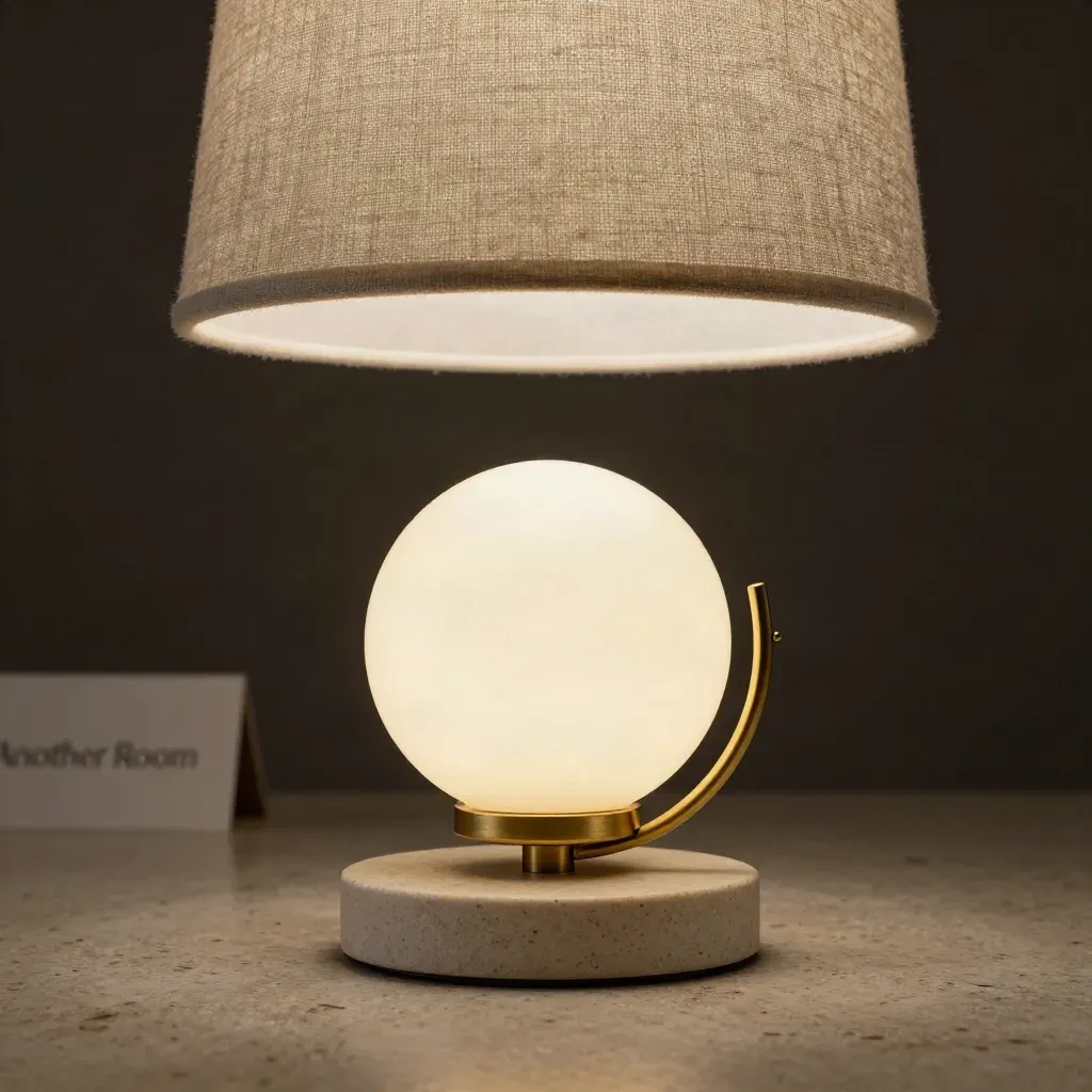 Opal globe lighting sample with brass armature, linen shade swatch, and stone base