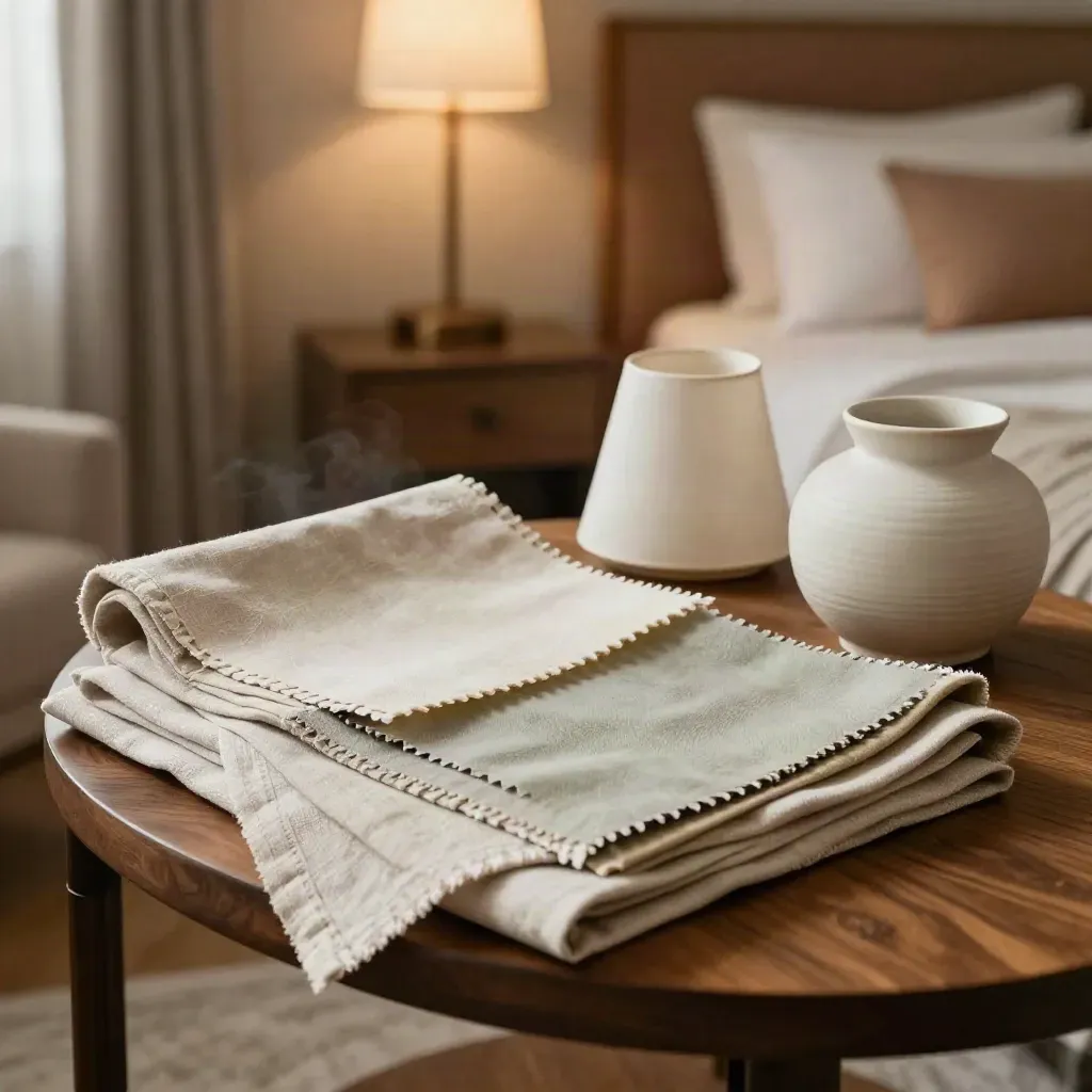 Boutique styling samples on a hotel side table with linen, sage swatch and ceramic vessel.