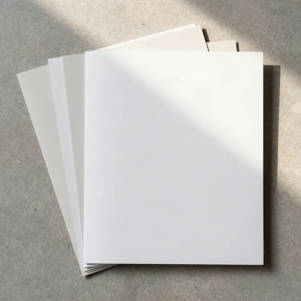 Overhead flatlay of a folded room plan portfolio with pale paper stack on cool stone.