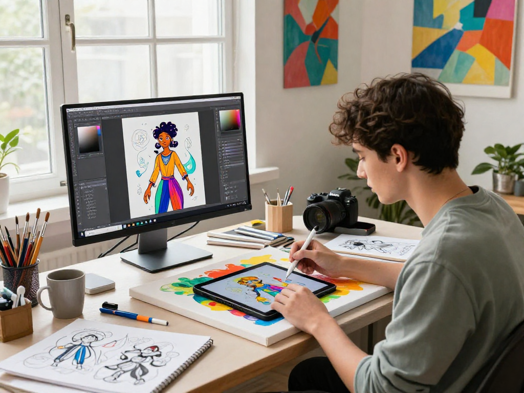 A digital artist illustrating AI-inspired concepts in a vibrant studio, showcasing the blend of creativity and technology in the realm of ai nsfw art.